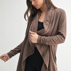 Mono B Brown Draped Open Front Cardigan